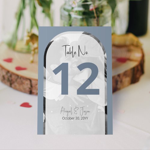 Arched Wedding Photo Minimalist Dusty Blue Table Number