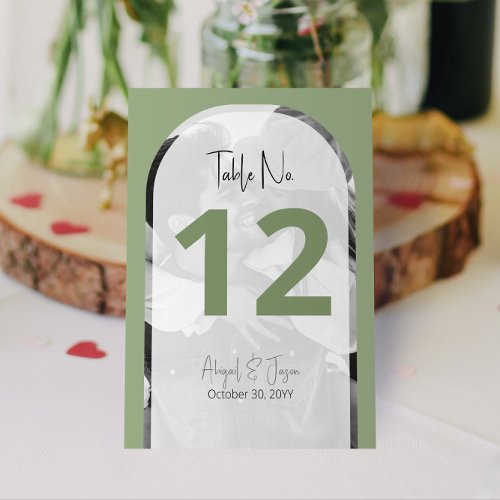 Arched Wedding Photo Sage Green Table Number