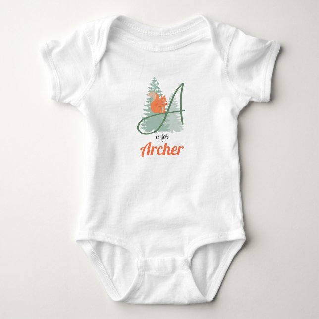 Archer Name Reveal Letter A Woodland Squirrel Baby Bodysuit (Front)