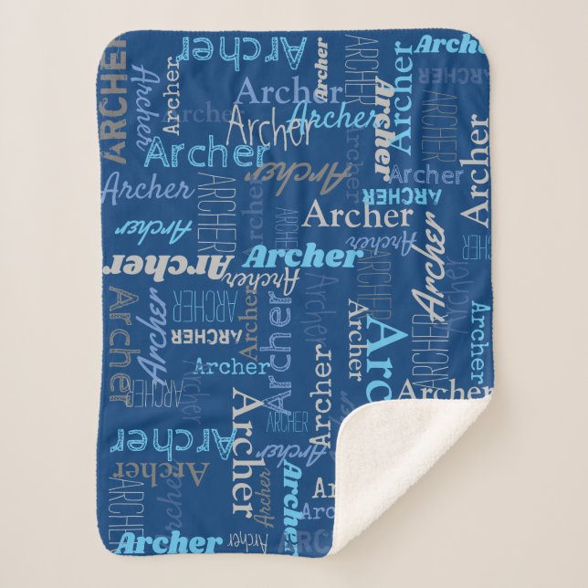 Archer personalized name shades of blue and gray sherpa blanket (Front)