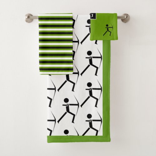 Archer with bow black  green stripes monogram bath towel set