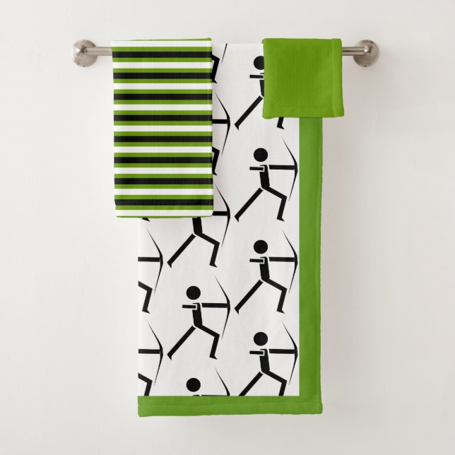 Archer with his bow black & green archery stripes bath towel set (Insitu)
