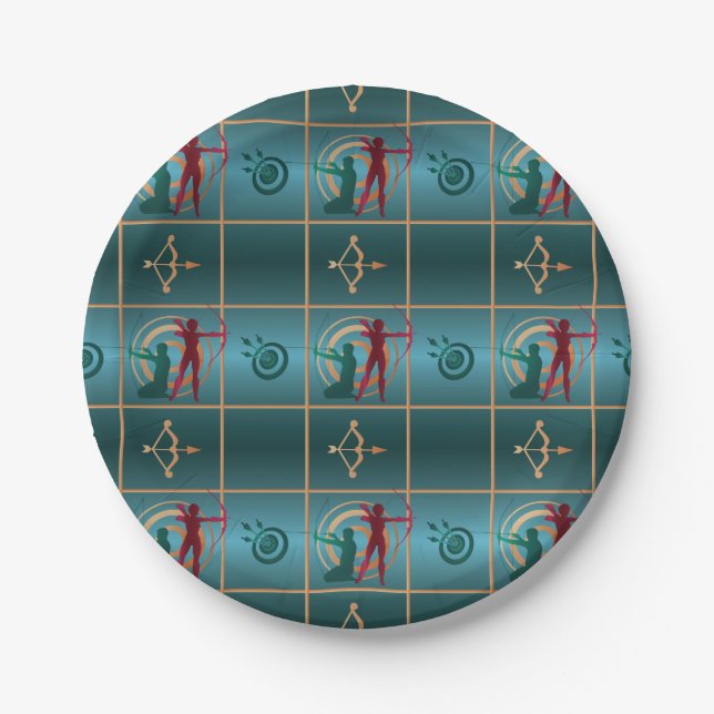 Archery Bow and Arrow - Green Pattern Paper Plates (Front)