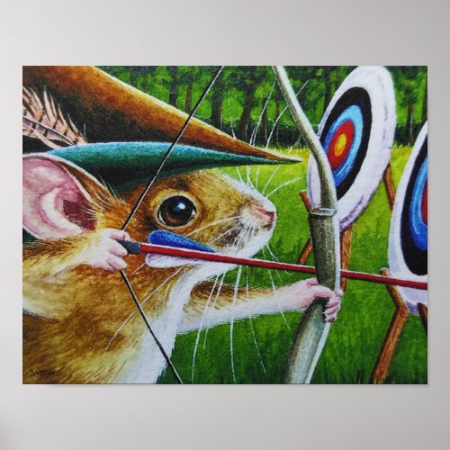 Archery Camp Mouse Bow  Arrow Watercolor 11x14 Poster