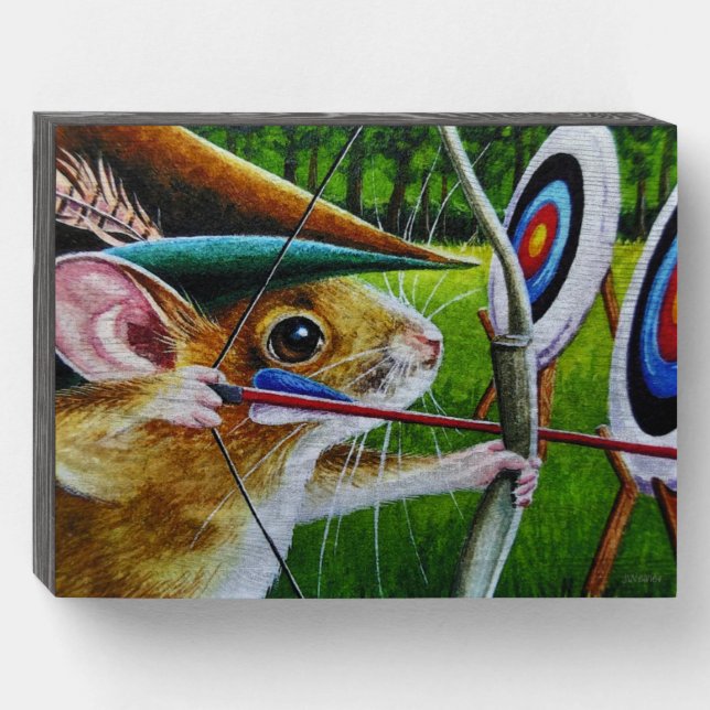 Archery Camp Mouse Bow & Arrow Watercolor Art  Wooden Box Sign (Front Horizontal)