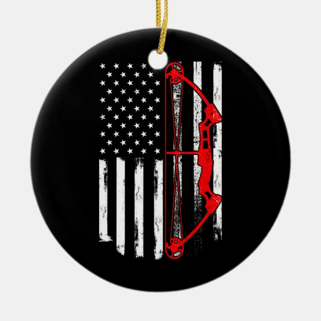 Archery Compound Bow Shooting USA Flag Bowhunter Ceramic Ornament (Front)