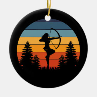 Archery Girl Archer Bow Vintage Retro Sunset Ceramic Ornament