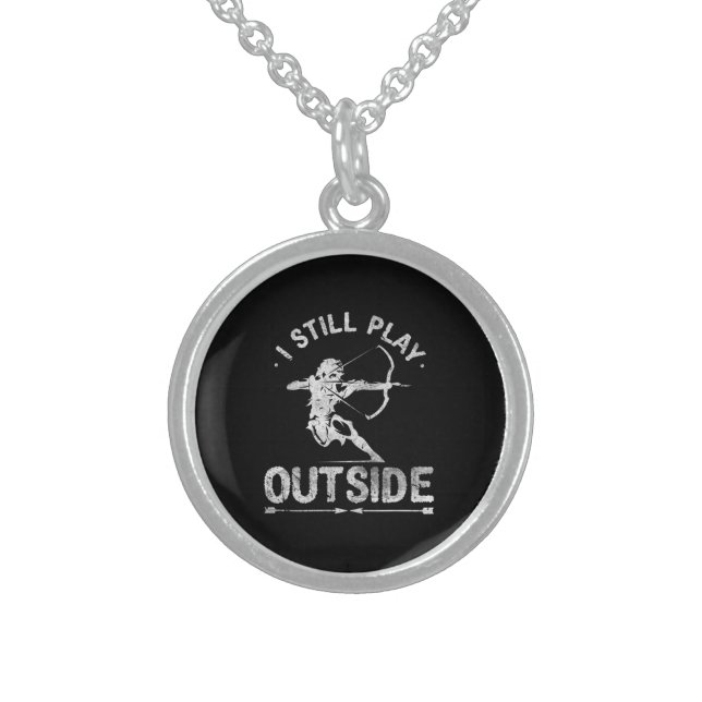 Archery Hunter Bow Hunting Distressed Sterling Silver Necklace (Front)