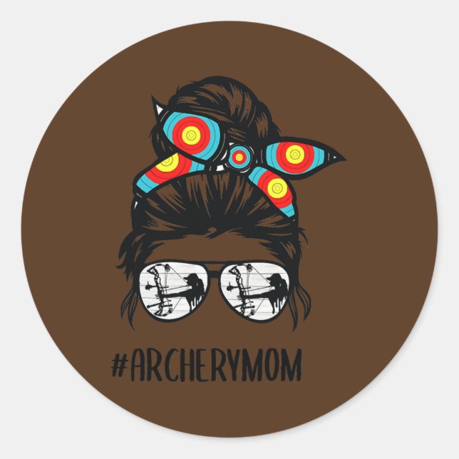 Archery Mom Life Messy Bun Hair Glasses  Classic Round Sticker (Front)