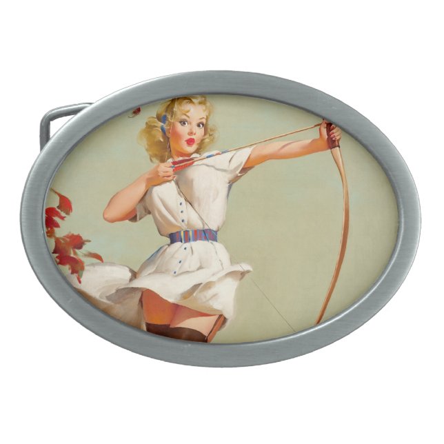 Archery Pin-Up Girl Oval Belt Buckle (Front)