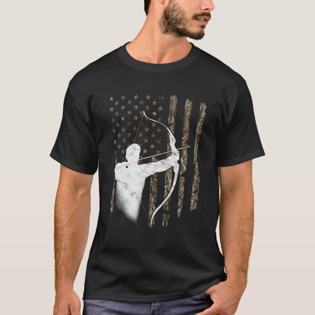 Archery Recurve Long Bow American Flag Camouflage  T-Shirt (Front)