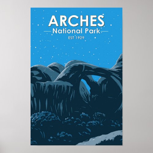 Arches National Park Double Arch Night Sky Vintage Poster