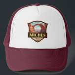 Arches National Park Illustration Retro Trucker Hat<br><div class="desc">Arches vector artwork design. The park lies north of Moab in the state of Utah. Bordered by the Colorado River in the southeast,  it’s known as the site of more than 2, 000 natural sandstone arches.</div>