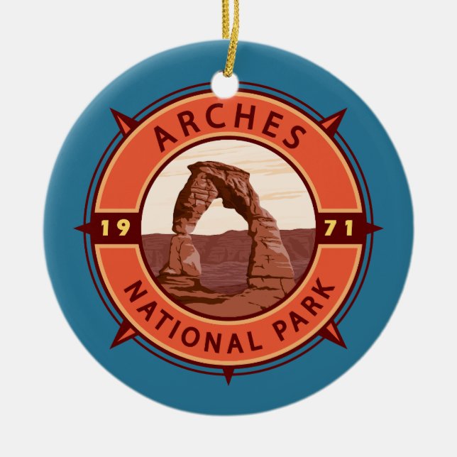 Arches National Park Retro Compass Emblem Ceramic Ornament (Front)