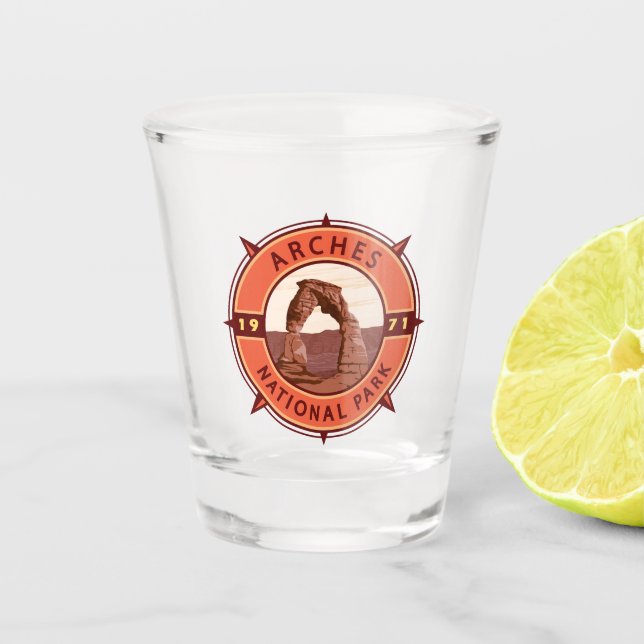 Arches National Park Retro Compass Emblem Shot Glass (Front)