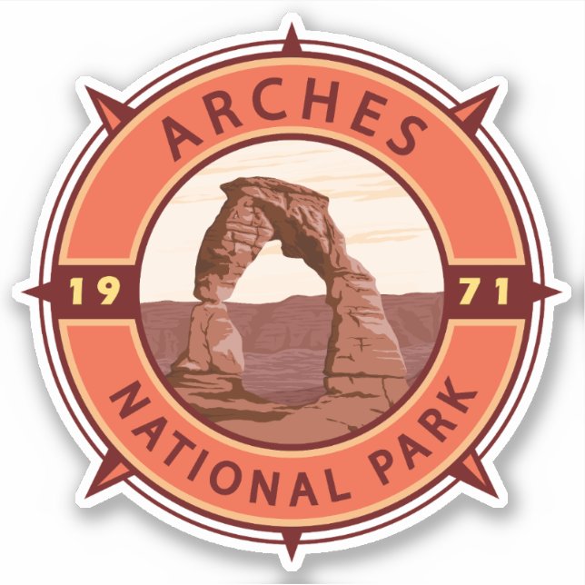 Arches National Park Retro Compass Emblem Sticker (Front)