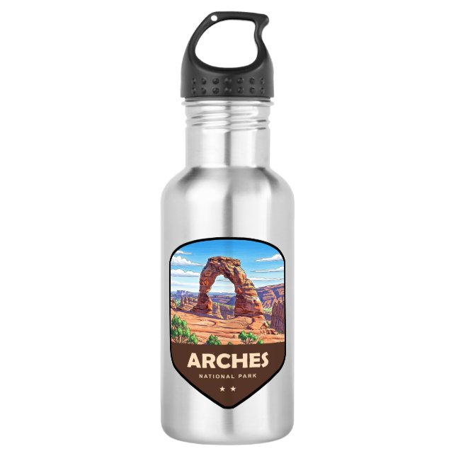 Arches National Park Utah Shield Stainless Steel Water Bottle (Front)