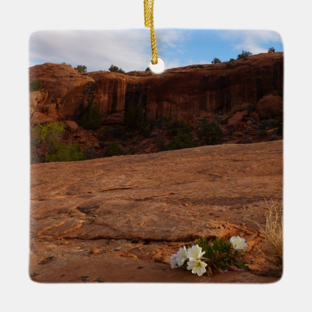 Arches Slickrock and Evening Primrose Landscape Ceramic Ornament (Front)