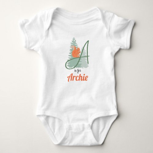 Archie Name Reveal Letter A Woodland Boy Squirrel Baby Bodysuit