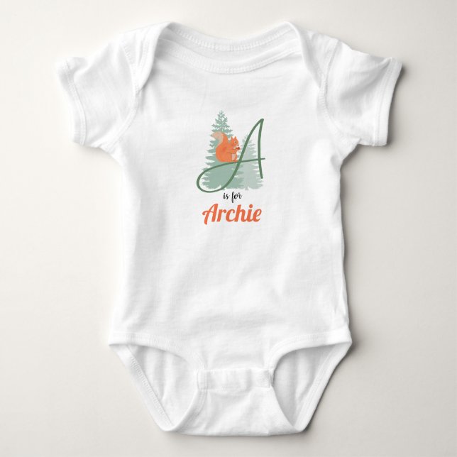 Archie Name Reveal Letter A Woodland Boy Squirrel Baby Bodysuit (Front)