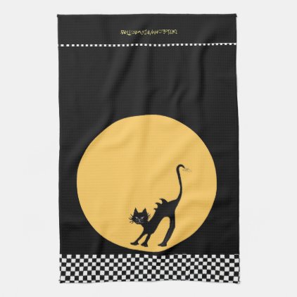 Arching Black Cat and Full Moon Kitchen Towel