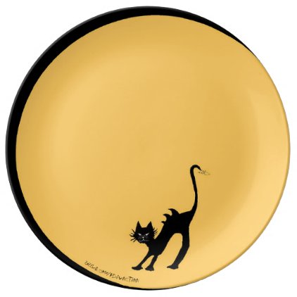 Arching Black Cat and Full Moon Porcelain Plate