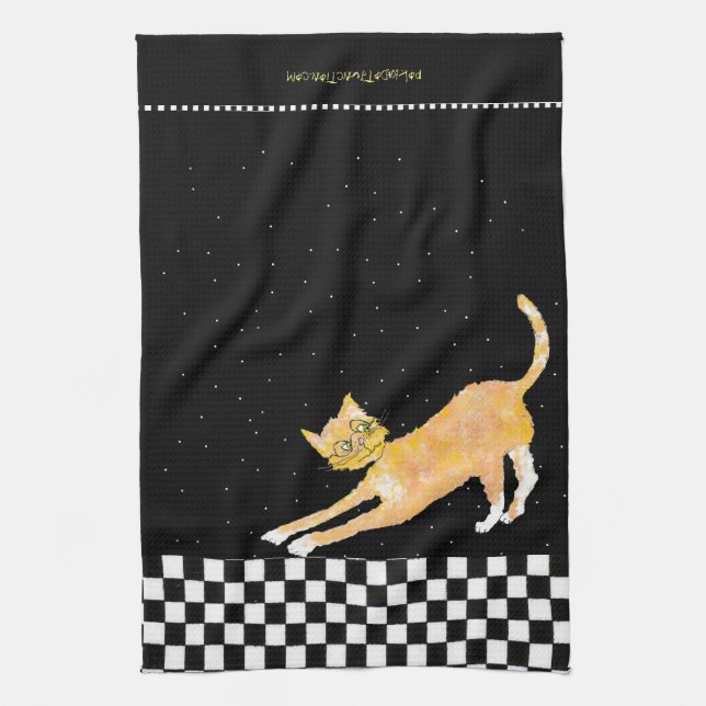 Arching Ginger Cat with Glasses Kitchen Towel (Vertical)