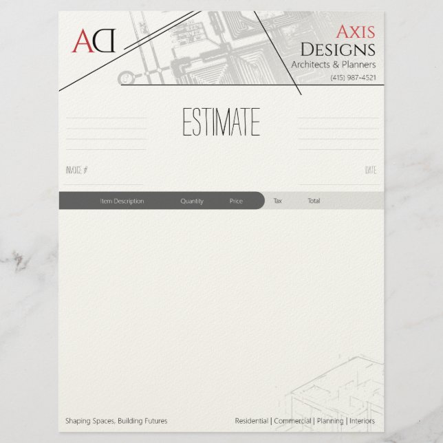 Architect Estimate Template with Blueprint Design Letterhead (Front)