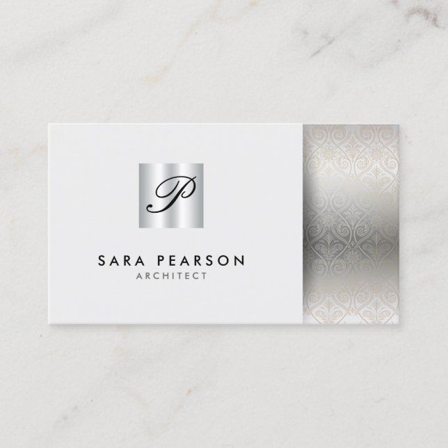 Architect ProfessionalSkills SilverDamask Monogram Business Card (Front)