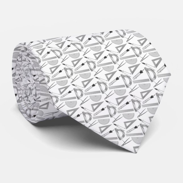 Architects Drafting Tools White Gray Neck Tie (Rolled)