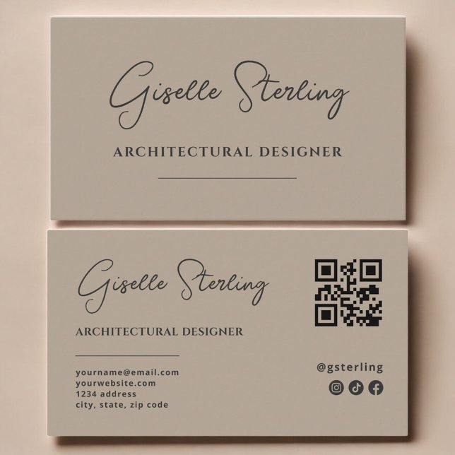 Architectura Designer Neutral Taupe Script QR Code Business Card (Creator Uploaded)