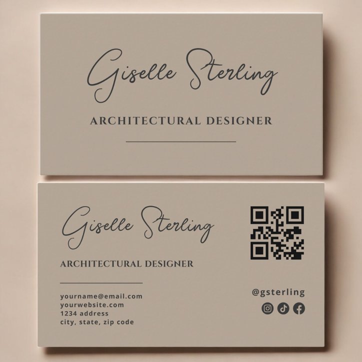 Architectura Designer Neutral Taupe Script QR Code Business Card