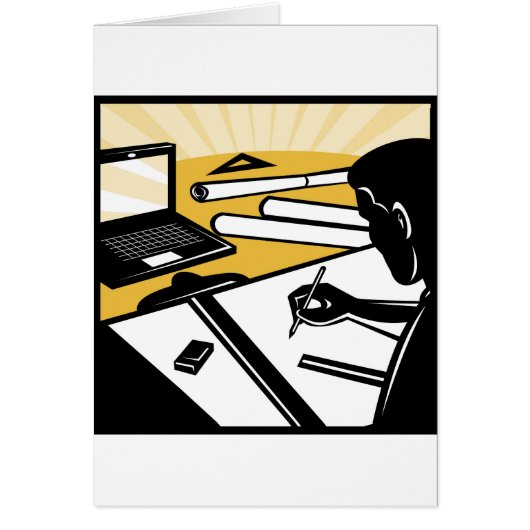 architectural draftsman at work drafting architect cards (Front)