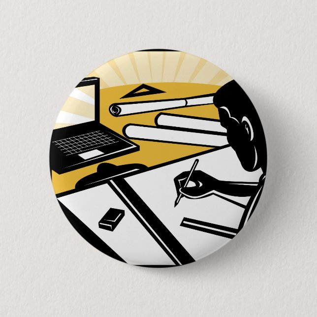 architectural draftsman at work drafting architect pinback button (Front)