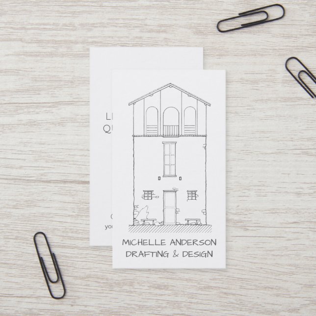 Architectural House Sketch Vertical Black & White Business Card (Front/Back In Situ)