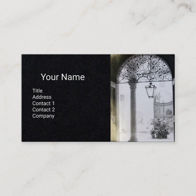 ARCHITECTURAL INTERIOR WITH IRON DOOR Black Paper Business Card (Front)
