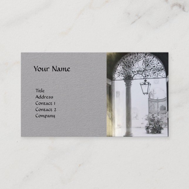 ARCHITECTURAL INTERIOR WITH IRON DOOR Grey Paper Business Card (Front)