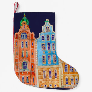 Architectural seamless border pattern on a dark bl small christmas stocking
