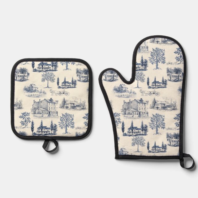 Architectural Toile Oven Mitt & Pot Holder Set (Front)