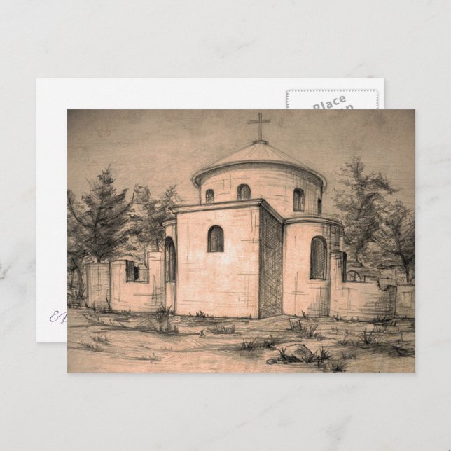 Architecture Ancient Orthodox Church Drawing Art Postcard (Front/Back)