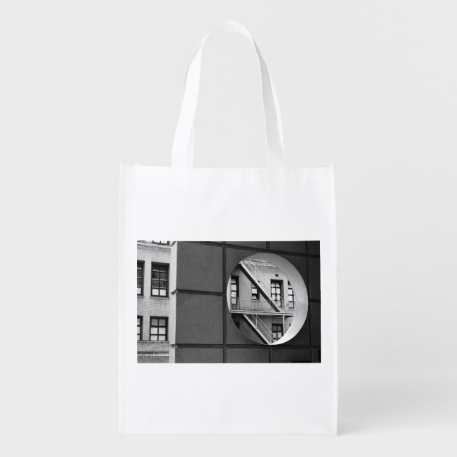 Architecture Circle & Lines Black and White Photo Reusable Grocery Bag (Front)