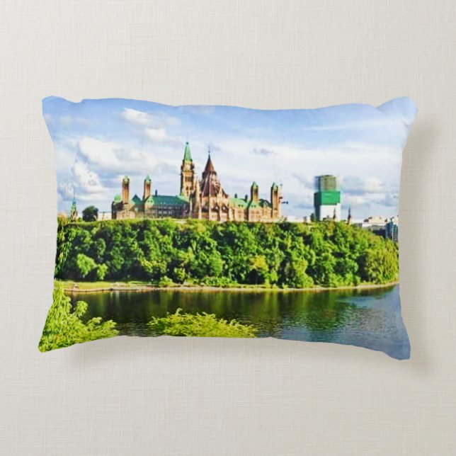 Architecture of Parliament Hill Ottawa. Buy Now Accent Pillow (Back)