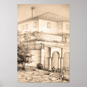 Architecture Traditional House Drawing Sketch Art Poster