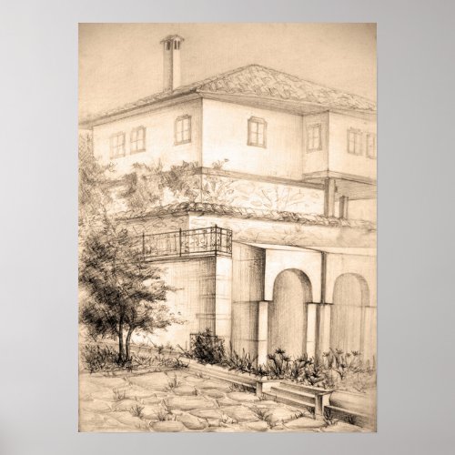 Architecture Traditional House Drawing Sketch Art Poster
