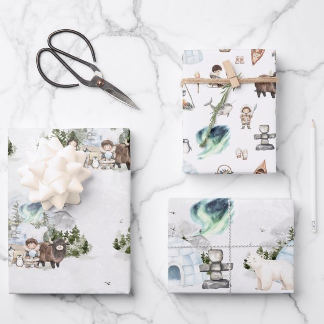 Arctic Adventure Northern Lights Forest Wrapping Paper Sheets (Front)