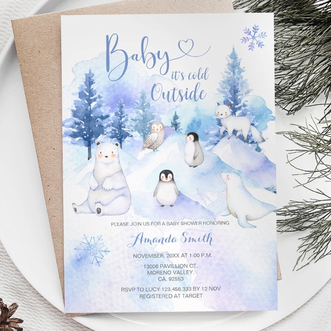 ARCTIC ANIMAL Snowflakes Mountain Baby Shower  Invitation (Creator Uploaded)
