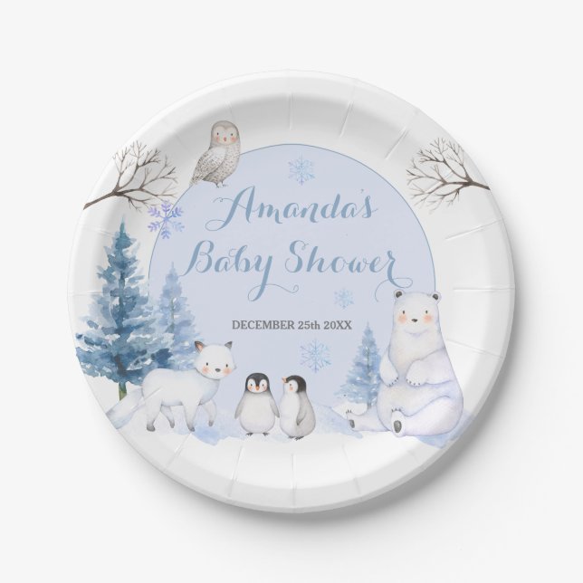 ARCTIC ANIMAL Snowflakes Trees Baby Shower Paper Plates (Front)