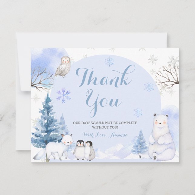 ARCTIC ANIMAL Snowflakes Trees Baby Shower Thank You Card (Front)