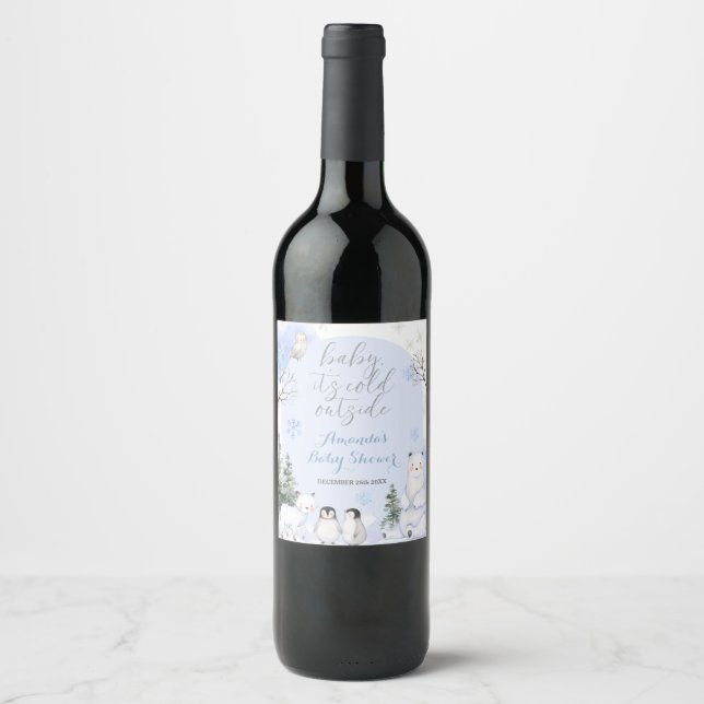 ARCTIC ANIMAL Snowflakes Trees Baby Shower Wine Label (Front)