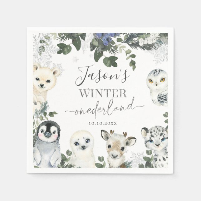 Arctic Animal Winter Onederland Birthday Paper Napkins (Front)